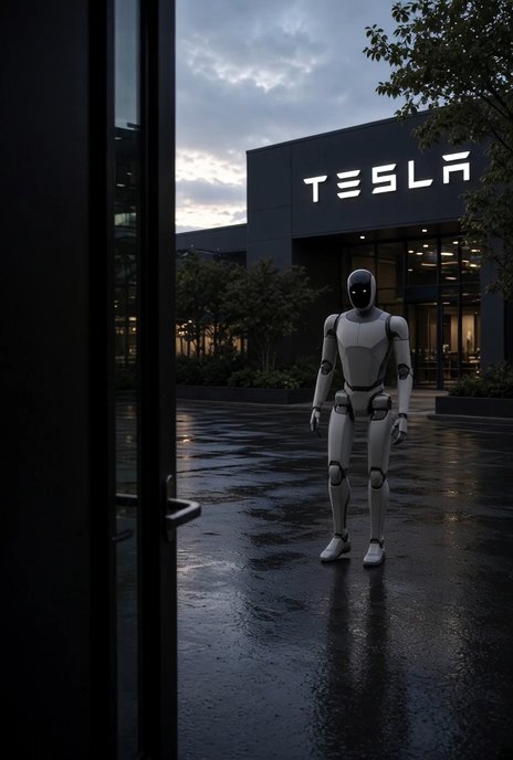 Optimus standing in the rain outside Tesla